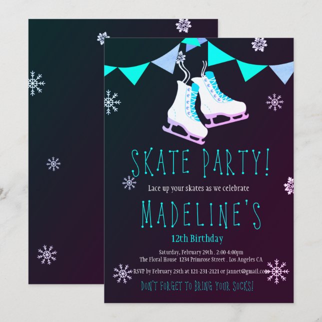 Winter-Märchenland-Eis-Skate-Mädchen-Tafel-Party Einladung (Vorne/Hinten)