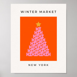 Winter Market 02 Christmas Tree Pink And Orange Poster