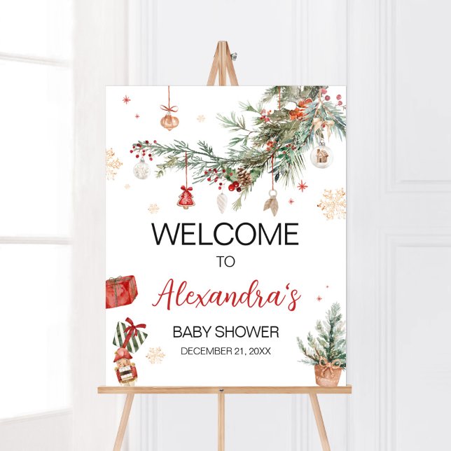 Winter Merry Little Christmas Baby Dusche Willkomm Poster (Merry Little Winter Christmas Baby Shower Welcome Sign)