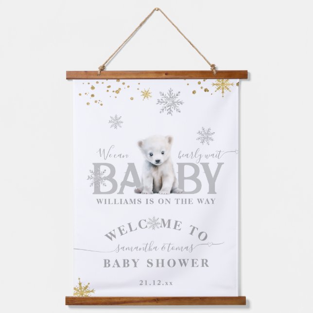 Winter Modern Bearly Wait Baby Dusche Willkommen Wandteppich Mit Holzrahmen (Vorderseite)
