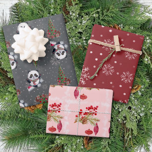 Winter Modern Fun Panda Rosa Grau Weihnachten Geschenkpapier Set