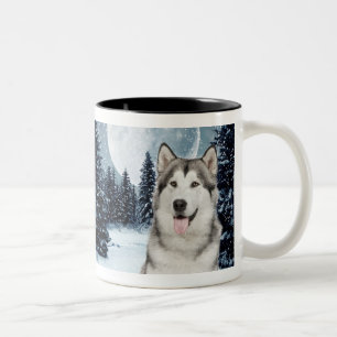 Winter-Mond-Schlittenhund-Tasse Zweifarbige Tasse