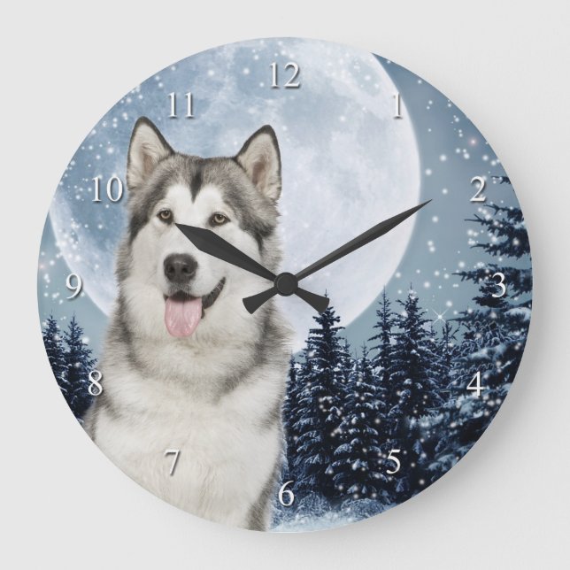 Winter-Mond-Schlittenhund-Uhr Große Wanduhr (Vorderseite)