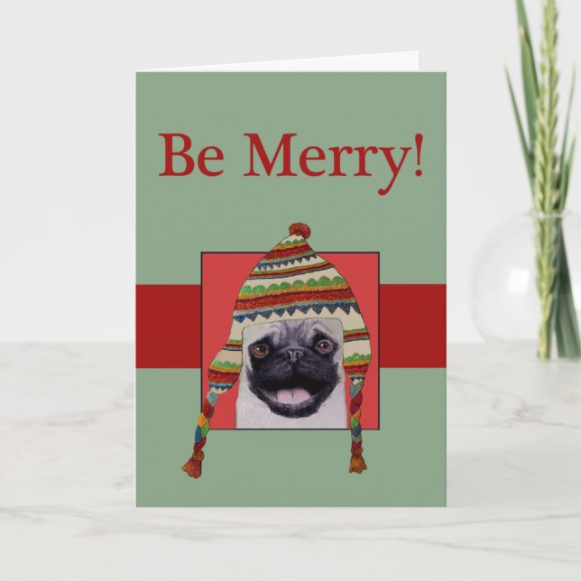 Winter Mops Hund Weihnachtskarte Feiertagskarte (Vorderseite)