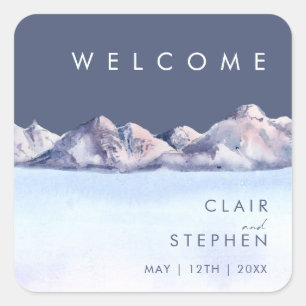 Winter Mountain Abend Hochzeit Willkommen Quadratischer Aufkleber