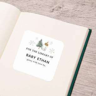 Winter Mountain Baby Shower Buch Bibliothek Quadratischer Aufkleber