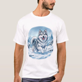 Winter Mountain Dog Chest Print T-Shirt