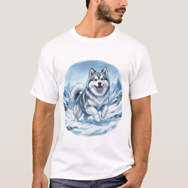 Winter Mountain Dog Chest Print T-Shirt (Vorderseite)