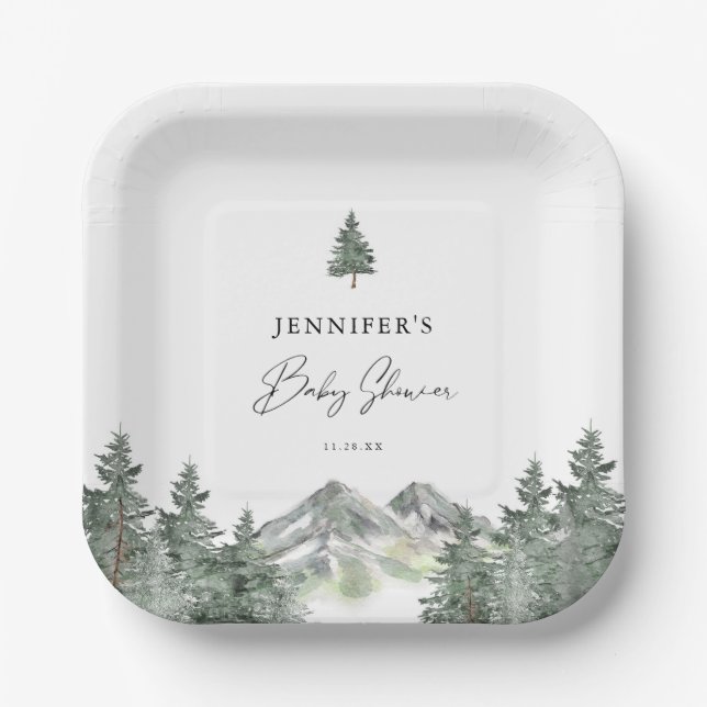 Winter Mountain Forest Baby Dusche Pappteller (Vorderseite)