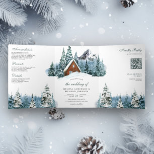 Winter Mountain Forest Cabin Lodge QR Code Hochzei Dreifach Gefaltete Einladung