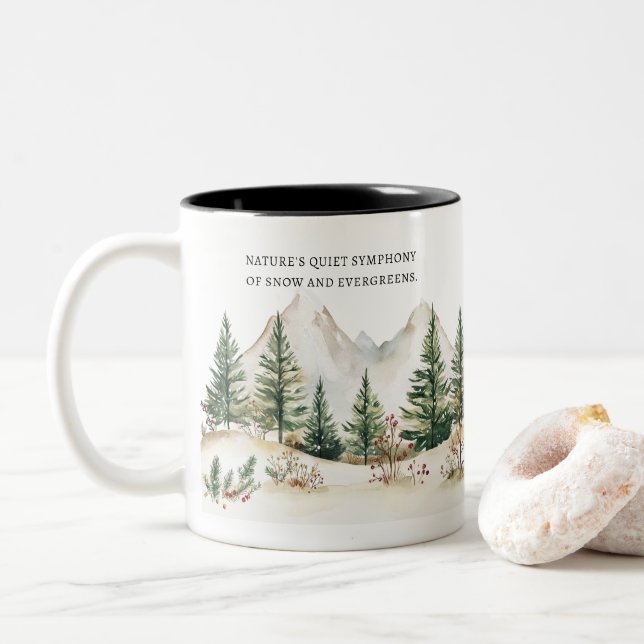 Winter Mountain Mug: Cozy Forest & Snow Zweifarbige Tasse (Mit Donut)