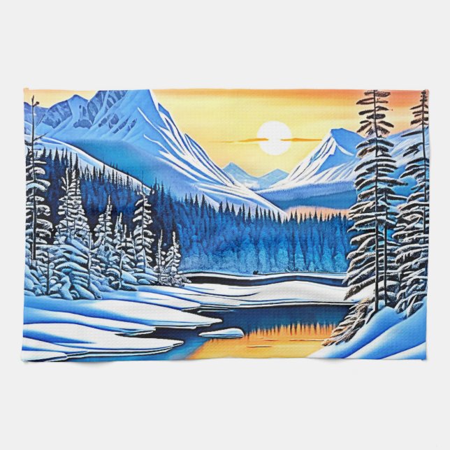 Winter Mountain Sunset Glow Geschirrtuch (Horizontal)
