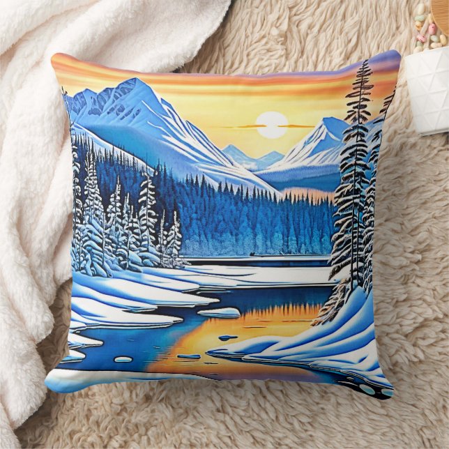 Winter Mountain Sunset Glow Kissen (Decke)