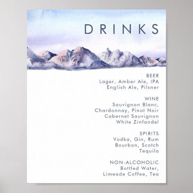 Winter Mountain Sunset Wedding Drinks Menü Poster (Vorne)