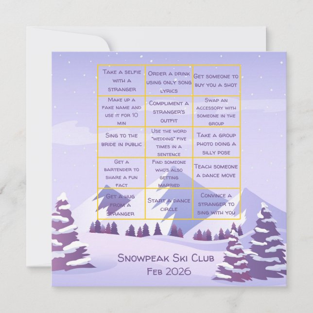 Winter Mountains Bachelorette Party Bingo Game Dankeskarte (Vorderseite)