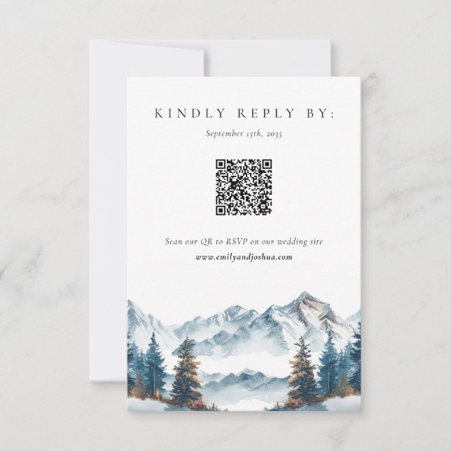 Winter Mountains Pine Tree Hochzeit RSVP Karte (Vorderseite)