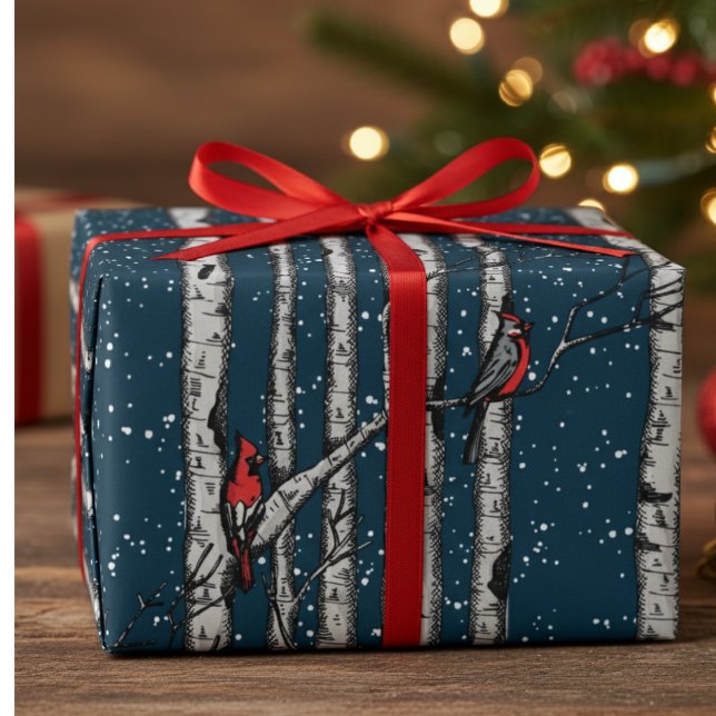 Winter Navy Blue Cardinal Birds Snow Birch Trees Geschenkpapier (Elegant Winter Wrapping Paper for Christmas. Modern Red Cardinals in Birch Forrest of Snowy Trees)