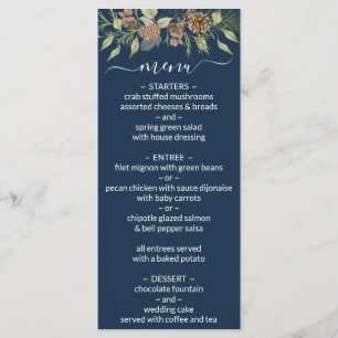 Winter Navy Blue Elegante Script Wedding Menu Menükarte