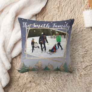 Winter Navy Wasserfarbenschnee Bäume Weihnachtsfes Kissen