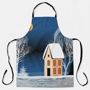 Winter night landscape. Cozy house, various trees, Schürze