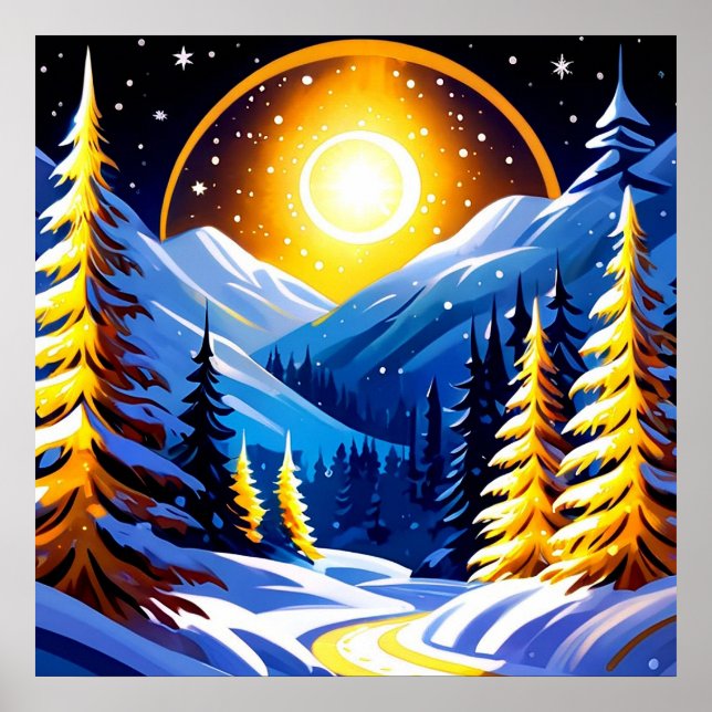 Winter Night Landscape With Snowy Mountains Poster (Vorne)
