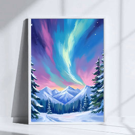 Winter Night Northern Lights Watercolor Mountain Poster