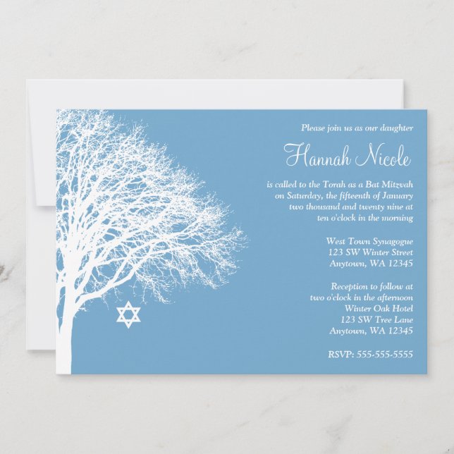 Winter Oak Tree Blue White Bat Mitzvah Einladung (Vorderseite)
