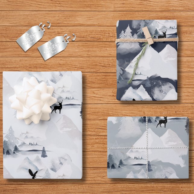 Winter- oder Weihnachtsschneebaumen Hirscheleganz Geschenkpapier Set (Winter or Christmas Snow Trees and Deer Elegant Landscape Wrapping Paper Sheets)