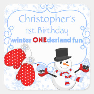 Winter One-derland Erster Geburtstag Snowman Mitte Quadratischer Aufkleber