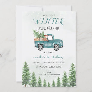 Winter ONE Derland Green Truck Birthday Party Einladung