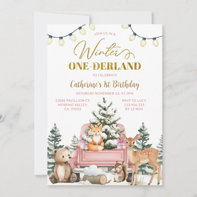 Winter ONE-derland Pink Truck Animals 1st Birthday Einladung (Vorderseite)