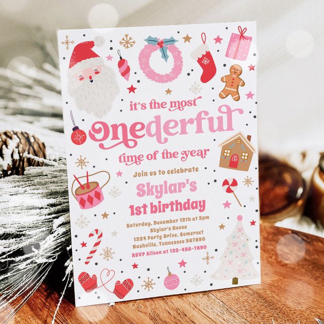 Winter ONEderful Pink Weihnachten Geburtstagsparty Einladung (Von Creator hochgeladen)