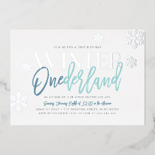 Winter ONEderland 1. Geburtstag Blue Silver Folieneinladung