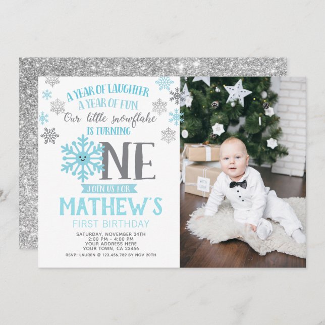 Winter Onederland 1. Geburtstag Einladung Foto (Vorne/Hinten)