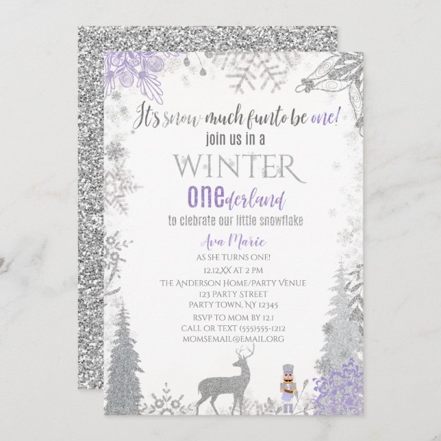 Winter Onederland 1. Geburtstag Lavender Snowflake Einladung (Vorne/Hinten)