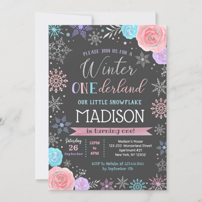 Winter ONEderland 1. Geburtstag Party Einladungen (Vorderseite)