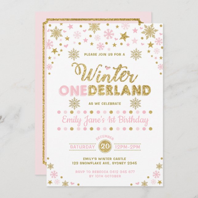 Winter ONEderland 1. Geburtstag Party Pink Gold Einladung (Vorne/Hinten)