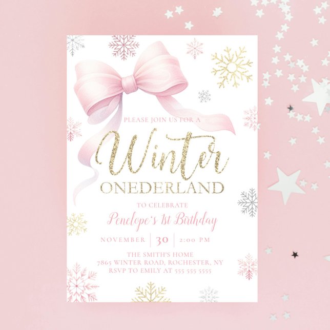 Winter Onederland 1. Geburtstag Pink Bow Snowflake Einladung (Von Creator hochgeladen)