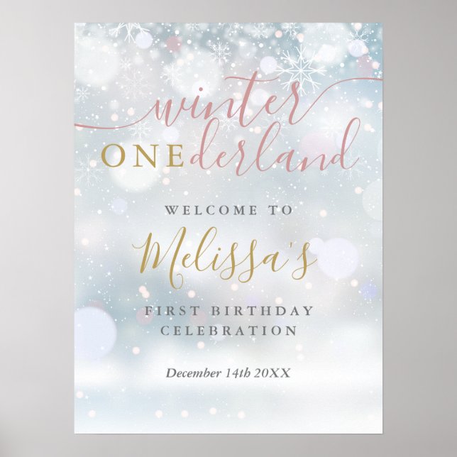Winter Onederland 1. Geburtstag Pink Gold Willkomm Poster (Vorne)
