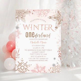 Winter Onederland 1. Geburtstag Pink Snowflake Einladung