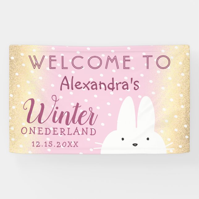 Winter Onederland 1. Geburtstag Pink und Gold Bunn Banner (Horizontal)