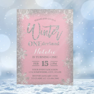 Winter ONEderland 1. Geburtstag Silver Pink Girl Einladung