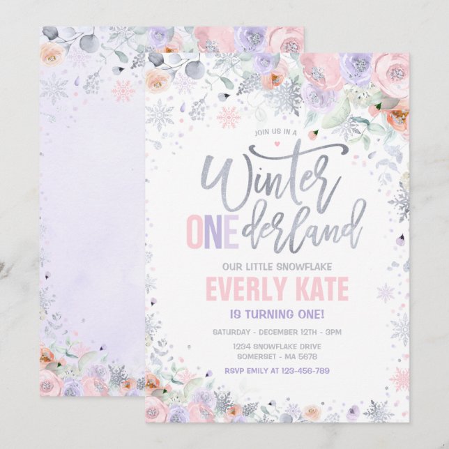 Winter ONEderland 1. Geburtstag Silver Pink Lilac Einladung (Vorne/Hinten)
