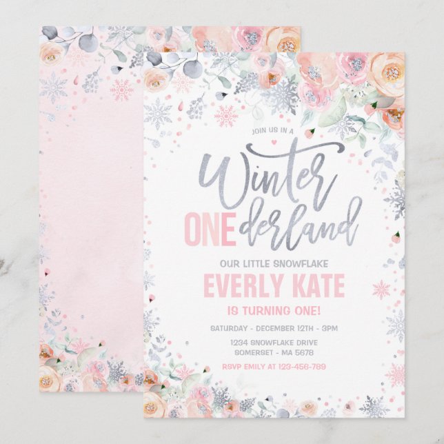 Winter ONEderland 1. Geburtstag Silver Pink Peach Einladung (Vorne/Hinten)