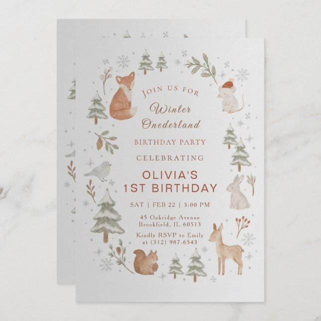 Winter ONEderland 1st Birthday Invitation Editable Einladung (Vorne/Hinten)