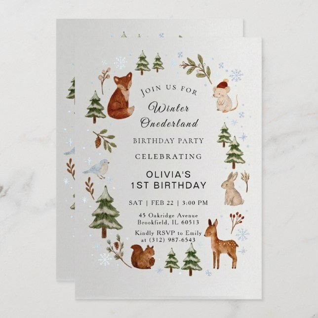Winter ONEderland 1st Birthday Invitation Editable Einladung (Vorne/Hinten)