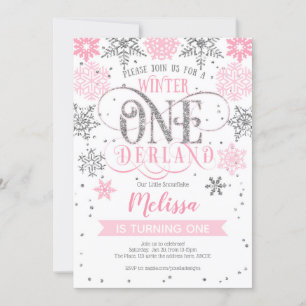 Winter Onederland 1st birthday, Pink silver Einladung