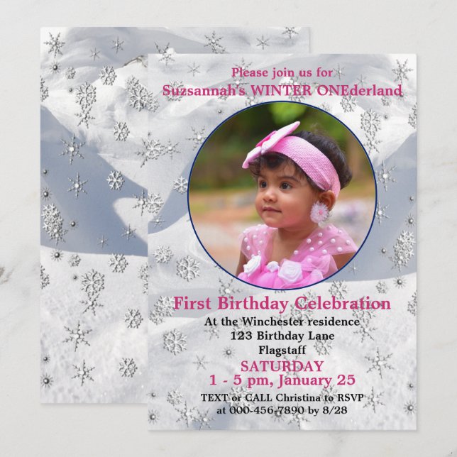 Winter ONEderland 1stt Birthday Snowflake Template Einladung (Vorne/Hinten)