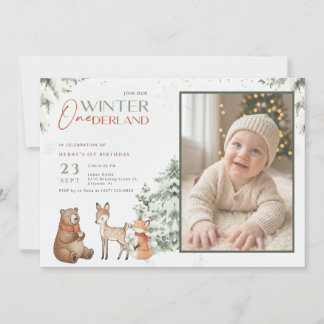Winter Onederland Animal Kid Photo 1st Birthday Einladung