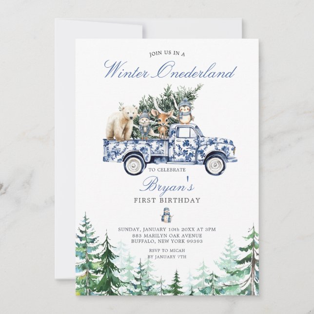 Winter Onederland Animals Chinoiserie 1. Geburtsta Einladung (Vorderseite)